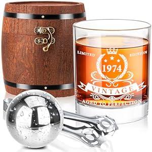 LIGHTEN LIFE 50th Birthday Gifts for Men, 1974 Whiskey Glass Set in Barrel Box, 50 Years Old Gifts, 50th Birthday Gift Ideas, 1974 Birthday Gifts for Dad Husband, 50th Birthday Decorations for Men