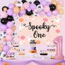 JOYMEMO Halloween 1st Birthday Decorations Girl, Spooky One Backdrop Tablecloth with Pink Purple Halloween Balloon Garland Arch Kit, The Spooky One Cake Topper Cupcake Toppers Party Supplies