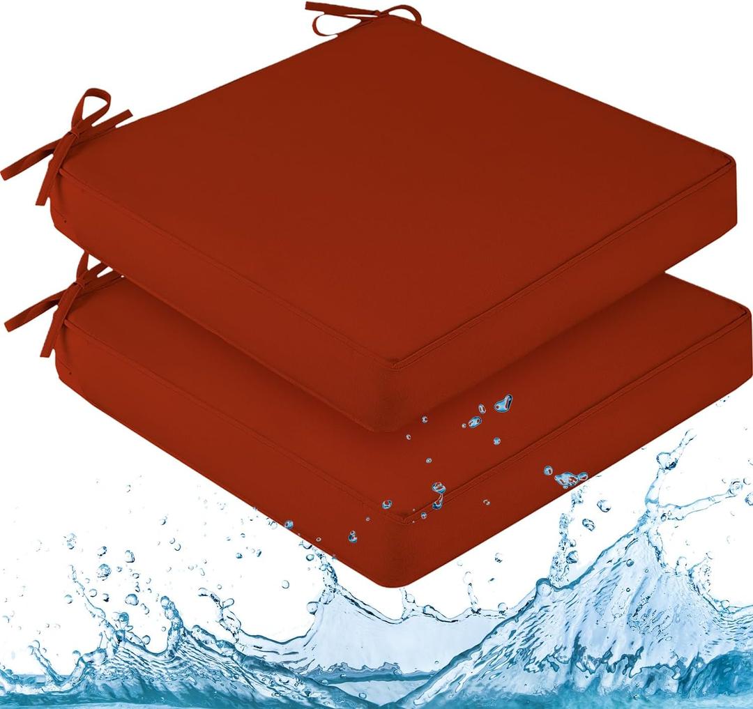downluxe Waterproof Outdoor Chair Cushions for Patio Furniture, 22" x 22" x 3" Patio Chair Cushion with Adjustable Ties & Portable Handle, Square Outdoor Cushion with Removable Cover, Orange, 2 Pack