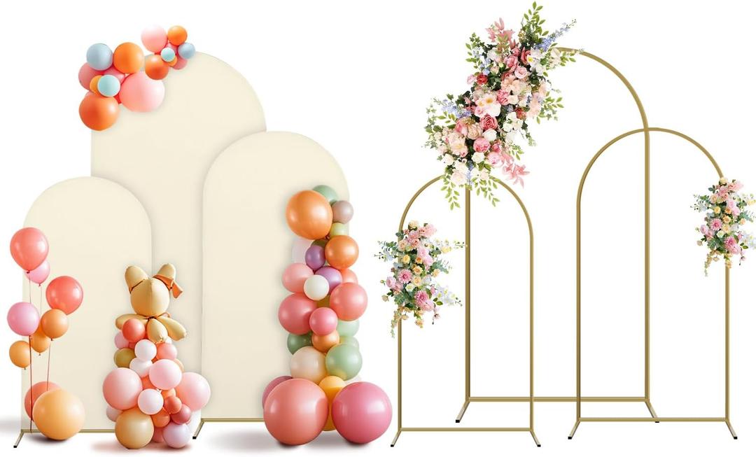 Holldoor Arch Backdrop Stand and Cover Set, 2 Metal Balloon Arch Backdrop 7.2ft 6ft, Gold Arched Stand Frame for Wedding, Parties,Birthday, Backdrop Decorations (Beige,7.2ft+6ft)