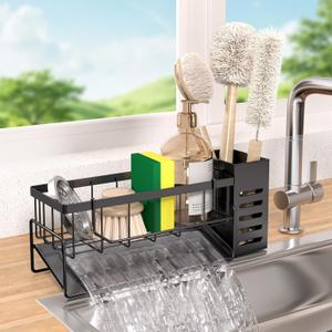 Kitchen Caddy Sink Organizer,Sponge Holder with Dish Brush Holder,Sponge Caddy Soap Dispenser Storage,304 Stainless Steel Kitchen Sink Accessories Over the Sink Shelf (Black)