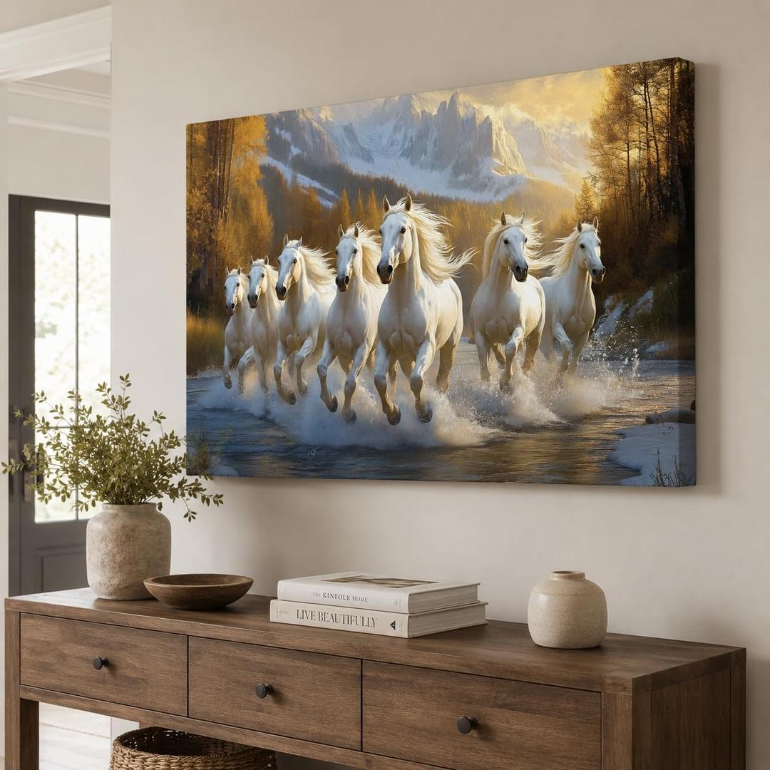 ANRUOXI Horse Pictures Wall Decor, 7 Running Horses Wall Art Vastu With Frame, Horse Posters Canvas Wall Art, Seven Horses Running Painting Vastu Shastra for Living Room Office Ready To Hang 24x36''