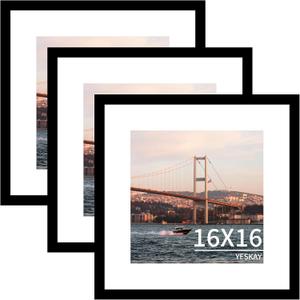 YESKAY 16x16 Picture Frame 3 Pack - Black Poster Frame Display Pictures 12x12 with Mat or 16 x 16 Without Mat for Wall Hanging Horizontal and Vertical