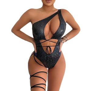 Womens Rave Wear One Piece Bodysuit Snakeskin Print Sexy Leg Rings Swimsuit for Festival Dance Rave Clothing (Small, Singleshoulder Black)