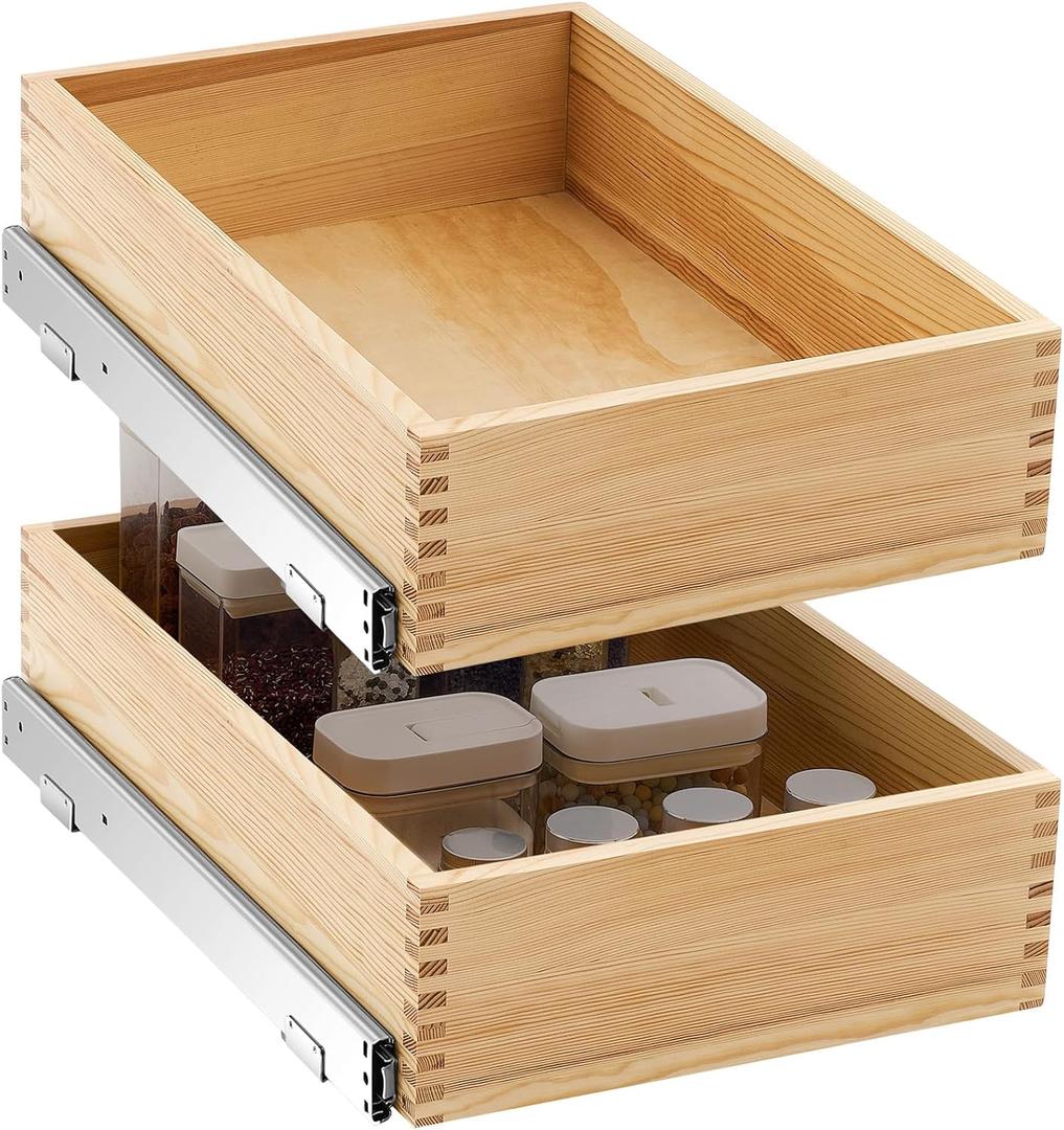 2 Set Pull out Tray Cabinet Organizer Wooden Pull Drawers storage Slide out Pantry Shelf for Base Cabinet Kitchen Gentle Close Fully Assembled Accessories(Wood Color, 15'' X 21'' X 5'') (White)
