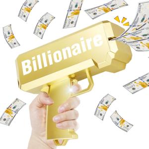 Gold Money Gun Shooter and 201 PCS Props (No real function) and Billionaire Stickers and 4 AA Batteries, Money Gun That Shoot Money, Make It Rain Money Thrower Gun Handheld Fake Gun Toy Party Supplies