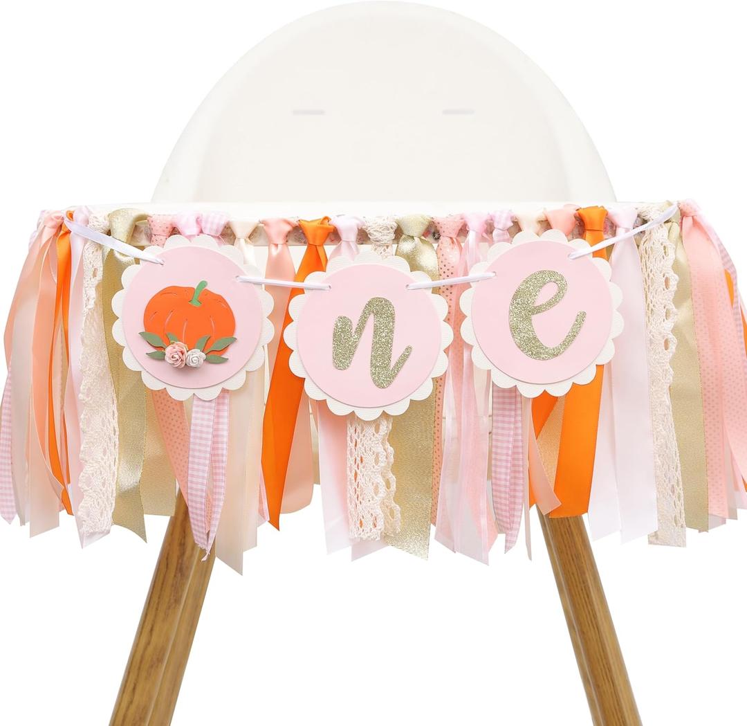 Little Pumpkin High Chair Banner - Fall 1st Birthday Decoration for Girls, Our Little Pumpkin Is One Highchair Banner, Halloween Thanksgiving 1st Birthday Decor, Pink and Orange Pumpkin Banner