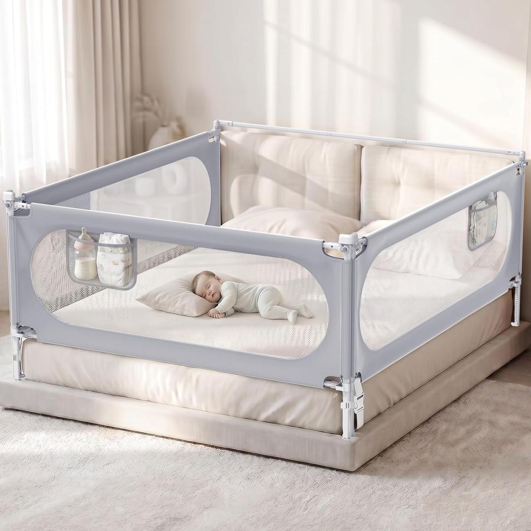 3-Sides King Size Bed Rails for Toddlers, Baby Bed Rail Guard for Kids | Headboard Rod, No-Drill, Height Adjustable, No-gap Safety, Single Side Lift, Children Lock, Storage Pockets, Breathable Mesh