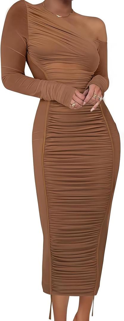 Women's Long Sleeve Mesh Dress - Bodycon Off Shoulder Mesh Ruched Cocktail Club Maxi Dresses (Large, Brown)