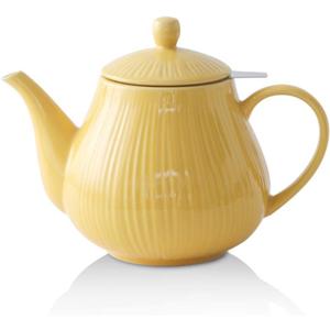 Ceramic Teapot with Infuser, 40 ounce Tea Pot with Infuser for Loose Tea, Large Enough For 6 Cups, Striped Series (Lemon)