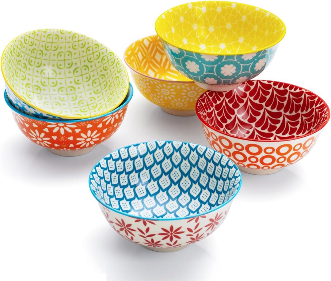 Colorful Ceramic Bowls 10oz, 4.7in small cereal bowl Set of 6 for ice cream, Dessert, Porcelain bowl for Dipping, Sauce, Dishwasher/Microwave safe (4.7 in- Small, Vintage Colorful)