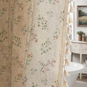 Floral Farmhouse Vintage Linen Shower Curtain, French Country Spring Shower Curtains for Bathroom with Tassels, 72Wx72H (Linen - Muted Garden Tassel Edge)
