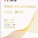 A-SUB Clear Sticker Paper for Inkjet Printers - Waterproof Translucent Printable Vinyl Sticker Paper - 15 Sheets 8.5x11 Inch Glossy Clear Label Paper for Custom Decals