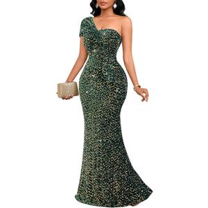 Cololura Women Sexy Sequin One Shoulder Mermaid Formal Party Cocktail Gowns Bodycon Evening Maxi Dress (Green, X-Large)