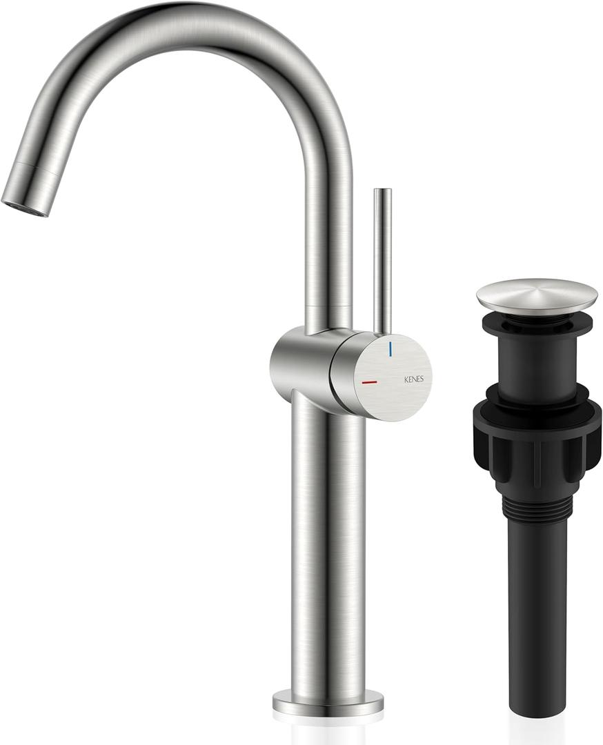 KENES Brushed Nickel Vessel Sink Faucet, Single Handle Tall Bathroom Faucet Single Hole, Modern Bathroom Vanity Faucet with Pop Up Drain and Supply Lines, KE-9005C