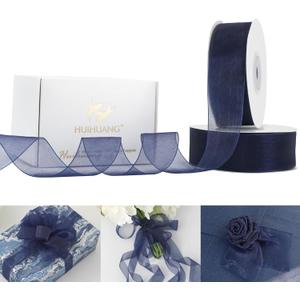 HUIHUANG Organza Ribbon 1 inch Navy Blue Sheer Chiffon Ribbon for Gift Wrapping Cake Decor Wedding Invitations Floral Bouquet Gift Basket Bows DIY Crafts - 2 Rolls x 50 Yds Each Roll, 100 Yds Total