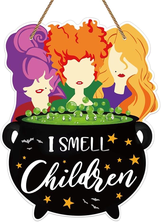 JUESMOS Halloween Hocus Pocus Door Sign I Smell Children Hanging Sign Halloween Decorations Signs for Home Halloween Wreaths Sign for Front Door Wall Indoor Outdoor Decor Halloween Party Supplies Gift