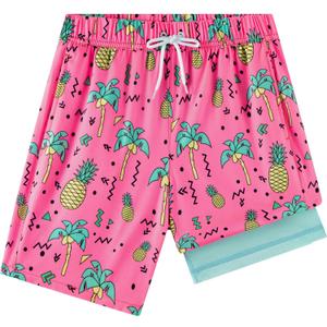 Boys Swim Trunks with Compression Liner 1-3 Pack, Bathing Suit, UPF 50+, Beach Shorts (7, Pineapple Pink)