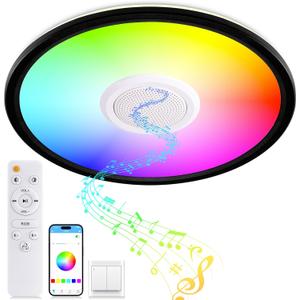 RGB LED Ceiling Light, with Bluetooth Speaker, 24W 11Inch Smart Music Ceiling Lamp with App and Remote Control, 3000K-6500K Color Changing Lights Fixture for Child Bedroom Bathroom, Black, 11.5 inch