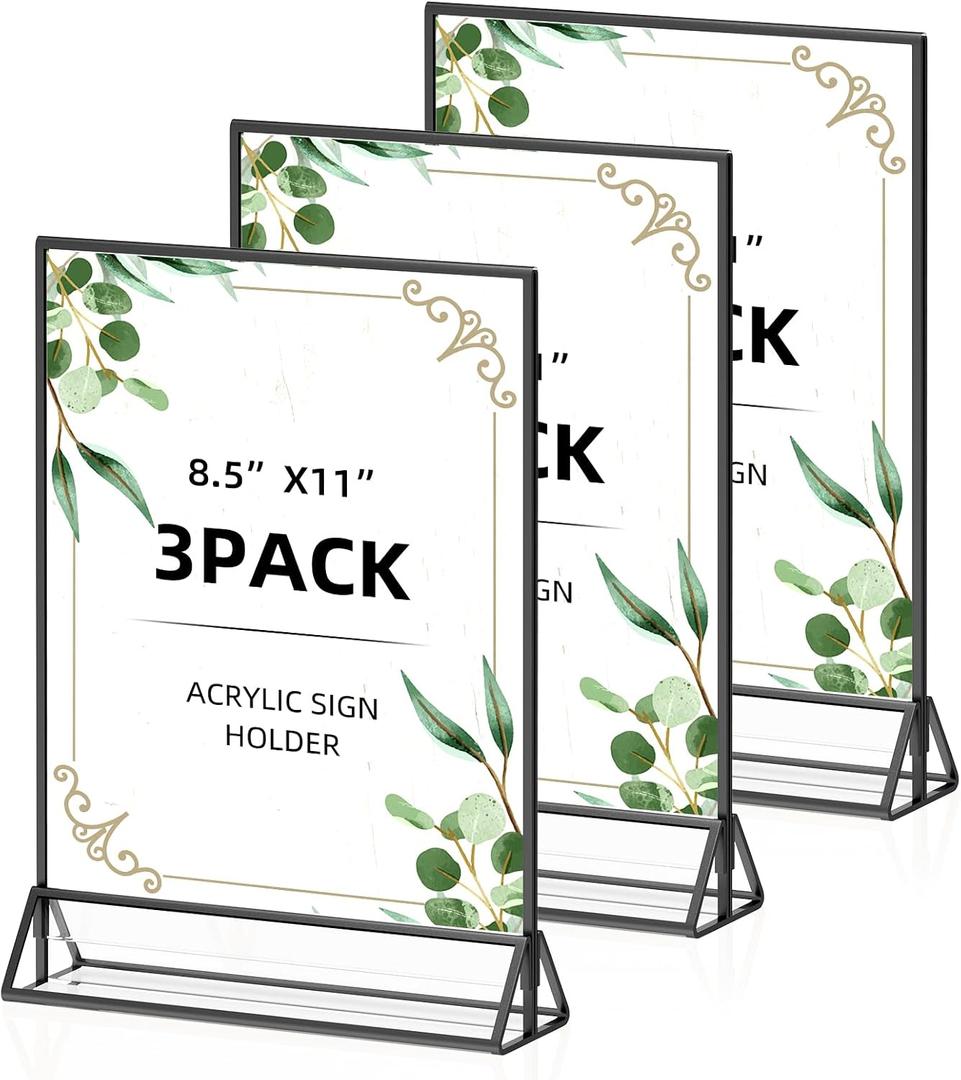 8.5x11 Picture Frame Black Acrylic Sign Holder Double-Sided Display Stand for Wedding Signs Table Numbers Menu Holders， Pack of 3
