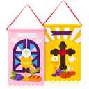 WATINC First Communion Banner Kit - Holy 1st Communion Felt Banner Kit Baptism Christian Cross DIY Craft Decorations, Make Your Own Sunday School Church Hanging Crafts Supplies for Girls Kids (2 Set)