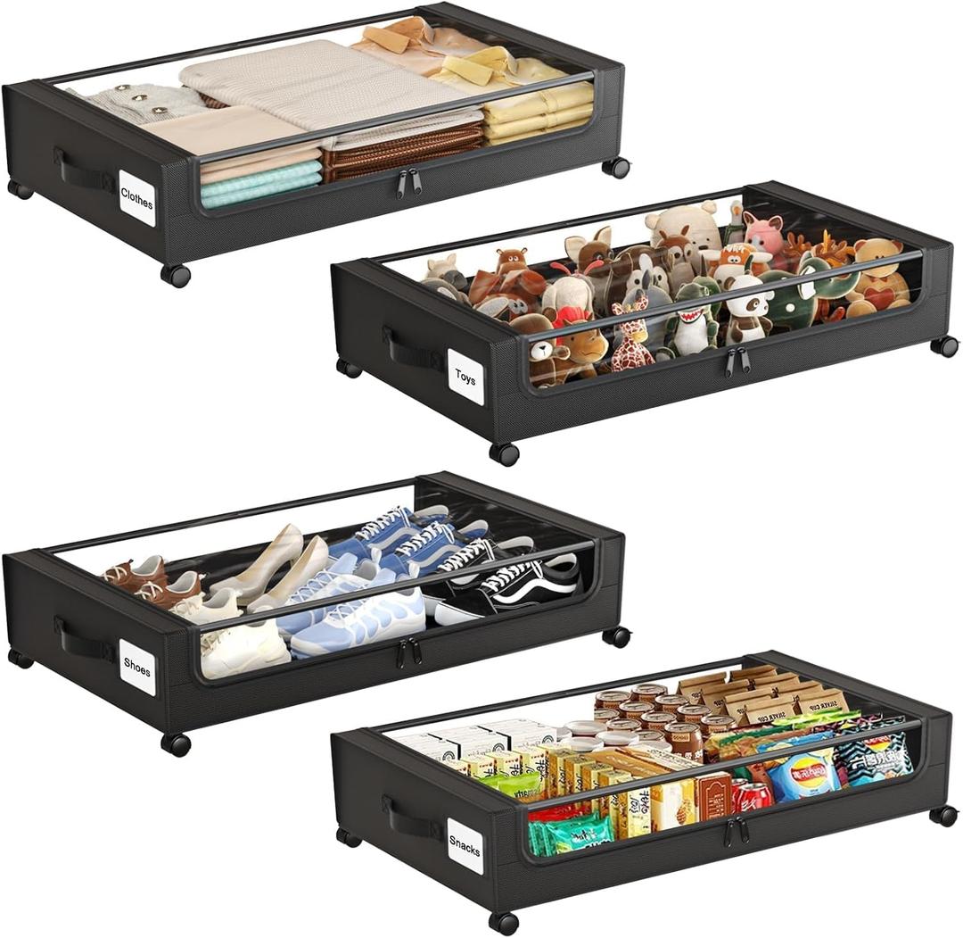 Under Bed Storage with Wheels,Under Bed Storage Containers with Clear Lids, Under-Bed Organizers for Clothes, Shoes  Durable Storage Bins with Smooth Rolling Wheels (Black, 4 Pack)