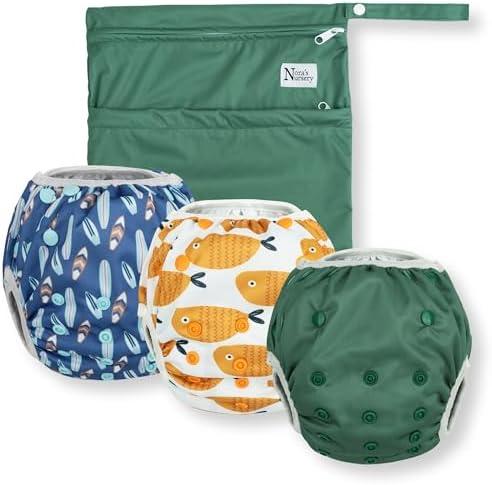 Nora's Nursery Reusable Swim Diapers and Wet Bag - One Size Fully Adjustable - Harbor Hues Unisex 3 Pack with Wet Bag