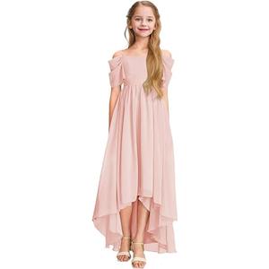 Cold Shoulder Junior Bridesmaid Dress Girls A-line Asymmetrical Chiffon Birthday Wedding Party Dresses, Dusty Pink 