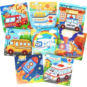 Zeoddler Wooden Puzzles for Toddlers, 8 Pack Vehicle Jigsaw Puzzles for Kids3-5, 9 Pieces Preschool Learning Activities, Learning & Educational Toys, Gift for Boys, Girls
