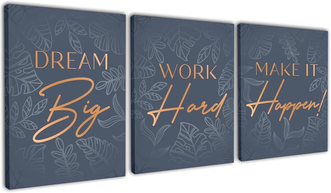 Motivational Wall Art For Office Set, Inspirational Canvas Triptych, Positive Affirmations Wall Decor With Quotes, 3 Wrapped Canvas Panels For Bedroom, Living Room, Workspace, 12.5x15 Inch each panel