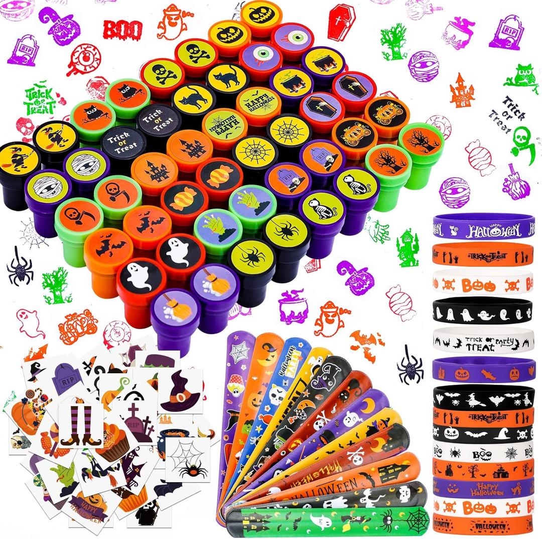 MGparty 288 Pack Halloween Party Favors Bulk Toys for Kids - Tattoos Stamps Slap Bracelets Rubber Bracelets Halloween Pinata Stuffers Trick-or-Treat Goodie Bag Fillers Classroom Game Prizes