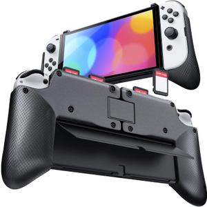 TNP Grip Case for Nintendo Switch OLED - Foldable Ergonomic Switch Grip with Slim, Lightweight, Comfortable Handle & 4 Game Card Slots Compatible with N-Switch OLED Model(2021) ONLY, Black