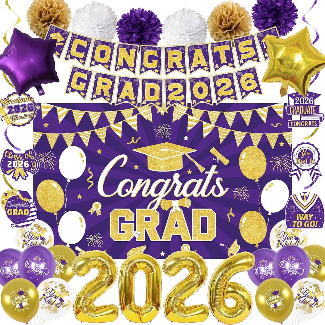 Vlipoeasn Purple 2026 Graduation Party Decorations Set, 2026 College/High School Graduation Decorations Party Supplies, Purple and Gold Class of 2026 Congrats Grad Backdrop Banner