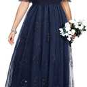 Plus Size Formal Dresses - Bridesmaid Leaf Embroidery with Sequin Tulle Prom Long Dress (Navy Blue)