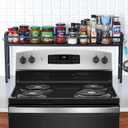 Stove Top Shelf, Extendable Spice Rack for Kitchen - Adjustable Over-the-Stove Shelf with 4 Hooks, Seasoning Organizer Countertop, Extra Space Saver (Black)