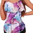 Womens Tankini Swimsuits with Boy Shorts Tummy Control Plus Size Modest Flounce Vintage Tank Top Two Piece Bathing Suits (Medium, Purple Gold)