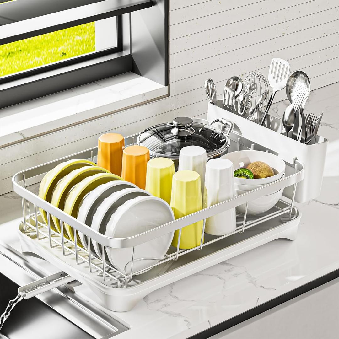 Stainless Steel Dish Drying Rack  304 Grade Dish Racks for Kitchen Counter with Utensil Holder & Adjustable Spout, Space-Saving Organizer, 16.5" x 11.8" x 5.3" White
