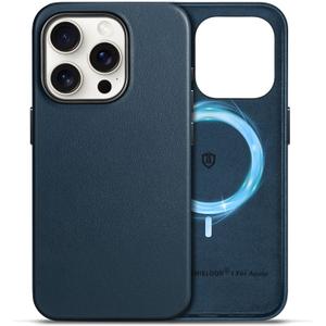 SHIELDON Case for iPhone 15 Pro 6.1", Genuine Leather - Magnetic Wireless Charging - Slim Fit - Non-Slip - Metal Button - Shock-Absorbent Protective Case Compatible with iPhone 15 Pro 2023 - Navy Blue