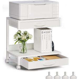 2-Tier Desktop Printer Stand with 2 Fabric Drawers, Prtiner Table with Storage Shelf, Desk Organizer for Home Office,3D Printer,Fax Machine,Scanner (White, 2 Tier)