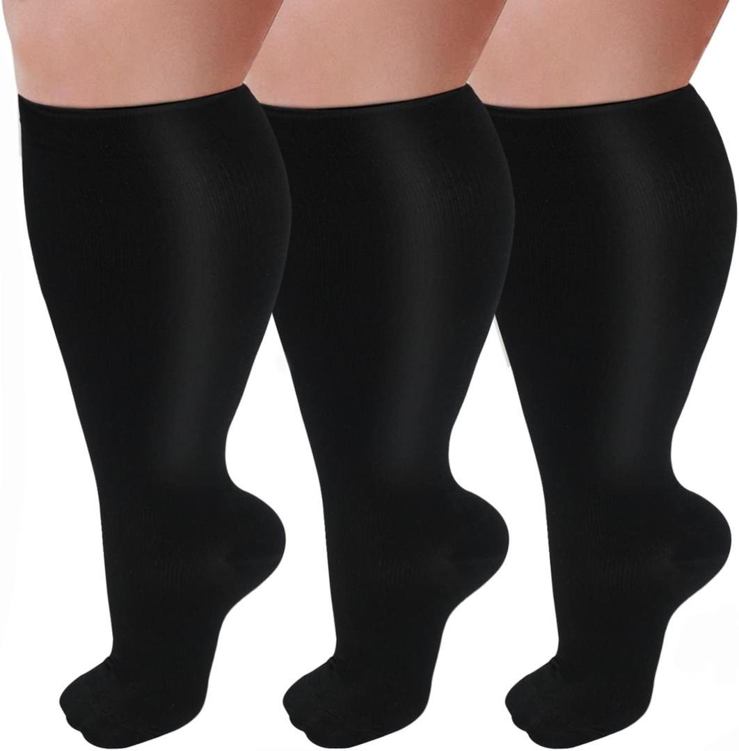 3 Pairs Plus Size Compression Socks for Women and Men Wide Calf 20-30mmhg Extra Large Knee High Support for Circulation (Black)