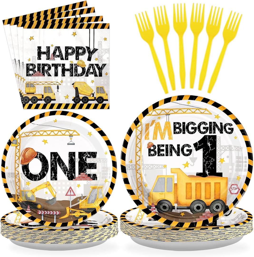 2 x Grencian Construction 1st Birthday Party Supplies - 96 Pcs Construction Truck Plates and Napkins Tableware Excavator Decorations Favors for Boys Tractor Dump One Years Old Birthday Serves 24