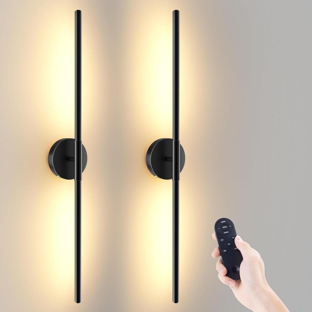 Battery Operated Wall Sconces Set of 2, 360Rotation Wireless Rechargeable Wall Lights: Dimmable Detachable Wall Lamp with Remote Control, 3000K-6000K Infinite Dimming Wall Sconce 34.7 Inch (Black)