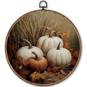 TLESKE Vintage Fall Pumpkins Round Wall Art Decor Framed 10x10, Autumn Rustic Farmhouse Canvas Wall Art Prints Artwork, Thanksgiving Wall Hanging Room Door Decor for Living Room Bedroom