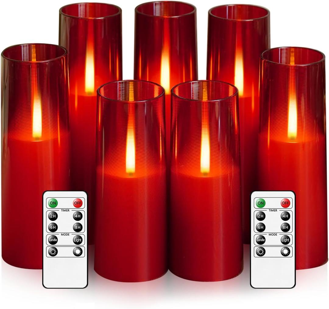 Flameless LED Candles Upgraded Realistic Flickering Flame,7Pcs Battery Operated Candles with Remote Timers,LED Pillar Candles for Home Decor,Christmas,and Parties(Red)