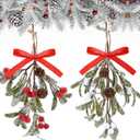 Giegxin 2 Piece Christmas Artificial Mistletoe Ornament with Red Bow Christmas Hanging Mistletoe Decoration Bouquet Floral Natural Pine Cones Holiday Decoration Ornament Bouquet (Color Style)