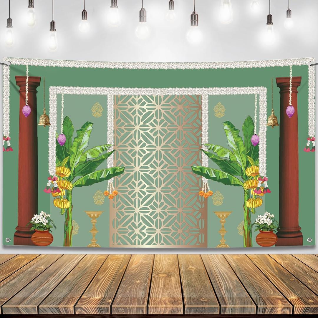 KatchOn, Indian Pooja Backdrop Decoration - 7.5X5 Feets | Green Banana Tree Banner for Ugadi, Vasant Panchami, Maha Shivaratri | Banana Leaf Backdrop Decoration | Annaprasana Decoration Backdrop