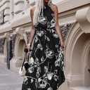 miduo Womens Casual Summer Halter Neck Sleeveless Bohemian Geometric Pattern Flowy A Line Maxi Long Dress with Belt (Black, L)