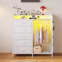 LUMTOK Modern 5 Dresser with LED Hanging Rack, Dresser with Clothes Rack, Hanger Rack, and Storage Drawers, Drawer Dressers with Coat Racks for Bedroom Living Room, Entryway, Closets (White)