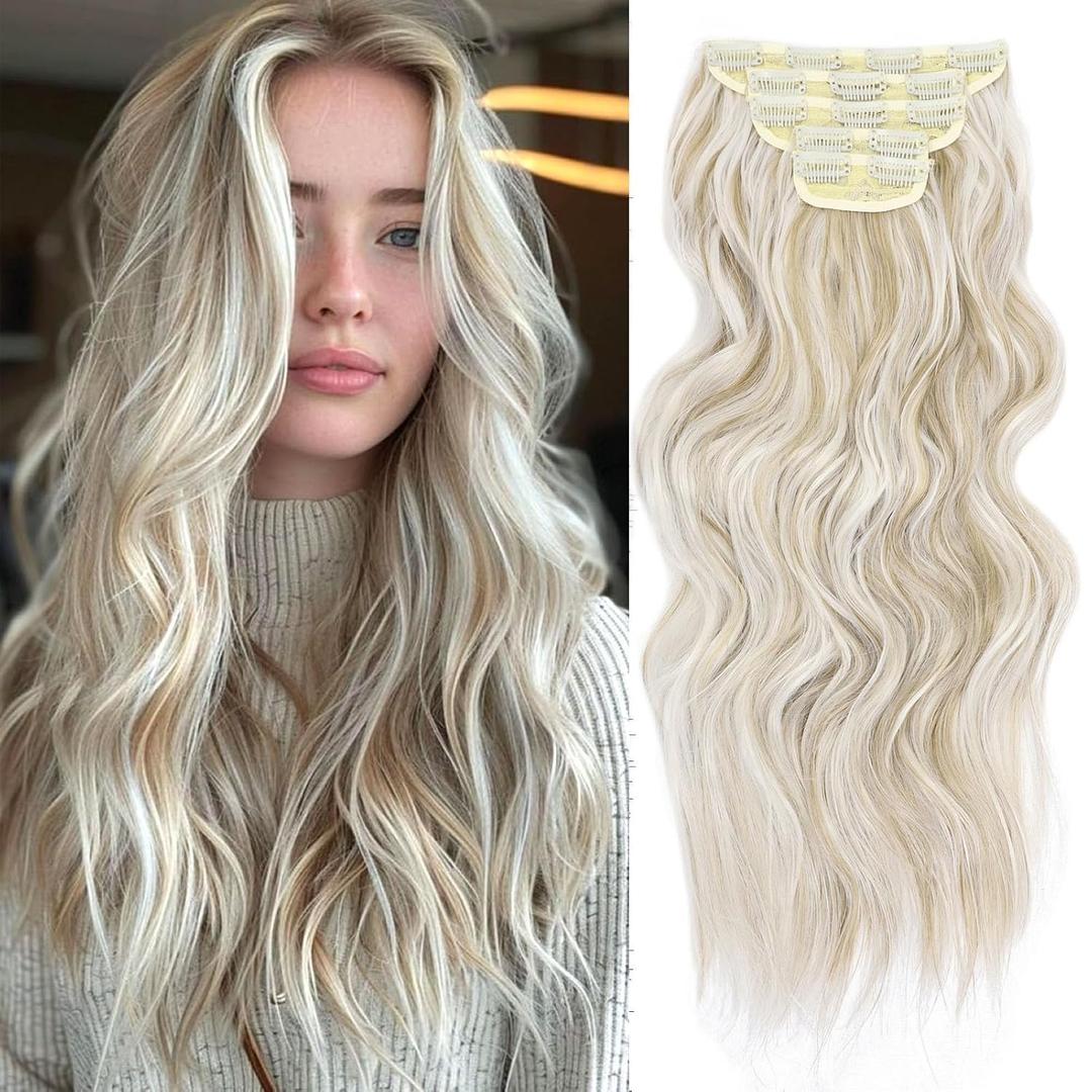 Synthetic Clip in Hair Extensions for Women 20 Inch 5Pcs Long Wavy Curly Ash Blonde Highlight Hair Extensions Clip ins Full Head Synthetic Hair Extension for Women
