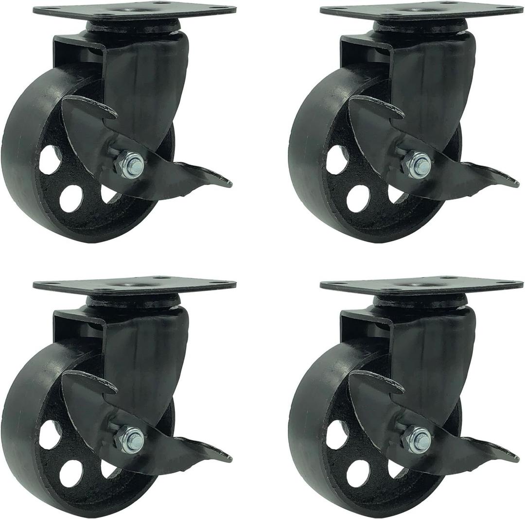 FactorDuty 4 All Black Metal Swivel Plate Caster Wheels w/Brake Lock Heavy Duty High-Gauge Steel (3.5" with Brake)